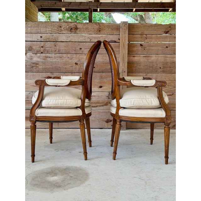 French Provincial Pair of Antique French Louis XVI Style Oval Back Fauteuil Armchairs For Sale - Image 3 of 11