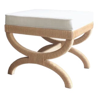 Matthew Izzo Home Xanadu Neoclassical Natural Rope Stool With White Performance Linen Cushion For Sale