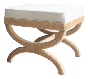 Matthew Izzo Home Xanadu Stool - Neoclassical Natural Rope Stool With White Performance Linen Cushion
