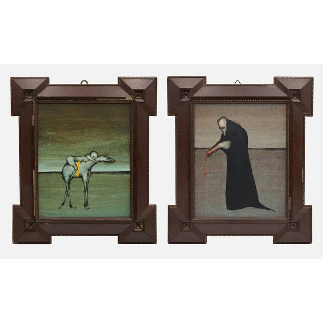 Gertrude Degenhardt (1940 New York - 2025 Greifswald), Two Fantastic Scenes, 1970. Oil on hardboard, each 27.5 cm x 22.5...