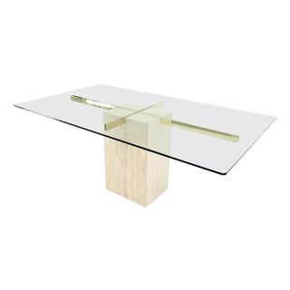 1970s Italian Single Travertine Pedestal Glass Top Dining Conference Table For Sale