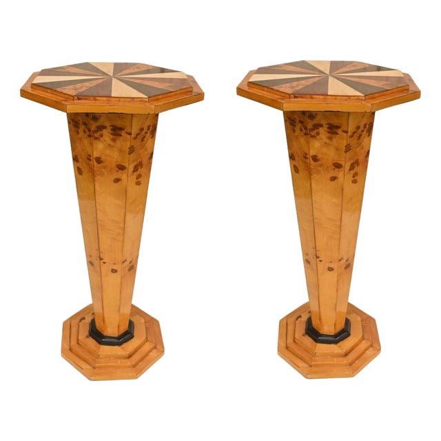 Art Deco Pedestal Tables with Starburst Inlay, Set of 2 For Sale