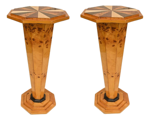 Art Deco Pedestal Tables with Starburst Inlay, Set of 2