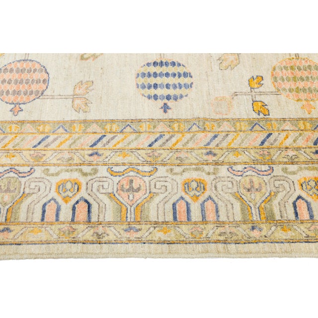 Modern Khotan Style Hand-Knotted Cream Wool Rug Pomegranate Tree of Life Design For Sale In New York - Image 6 of 11