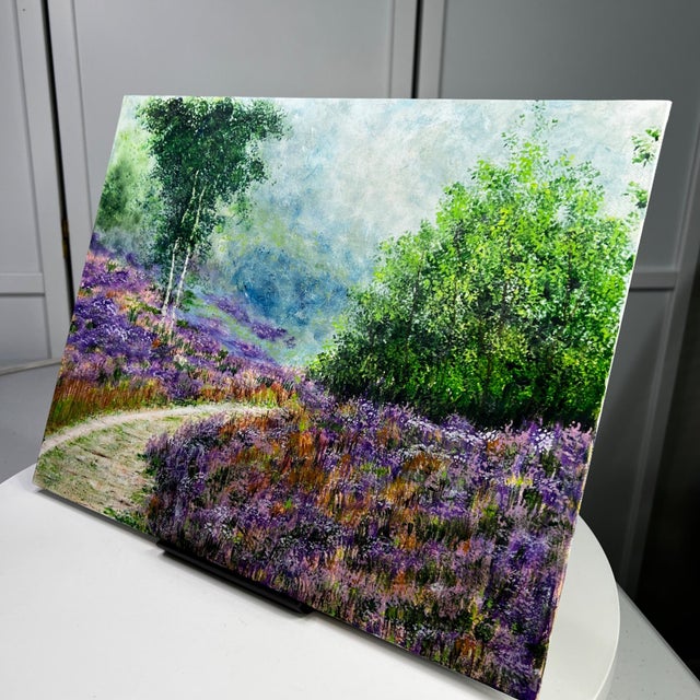 An original acrylic artwork depicting a serene pathway surrounded by vibrant lavender fields of wildflowers and lush...