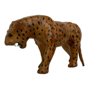 1970s Vintage Safari Leather Wrapped Leopard Tabletop Figurine
