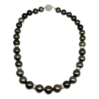 Diamond Tahitian Pearl 18k Gold Necklace Certified For Sale