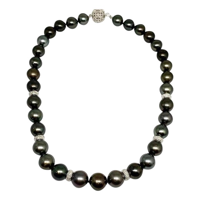 Diamond Tahitian Pearl 18k Gold Necklace Certified For Sale