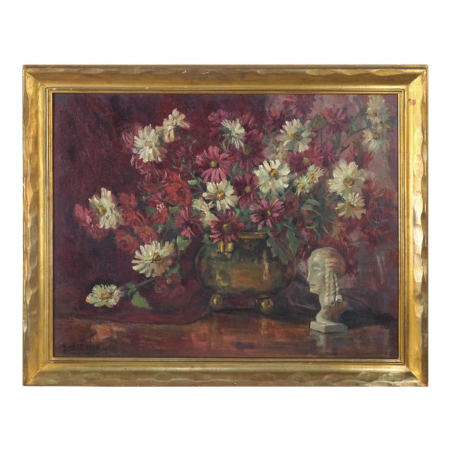 Mid Century Still Life With Burgundy and White African Daisies & Statue by M Michael For Sale