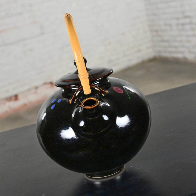 Brown Late 20th Century Contemporary Asian Dark Brown Glazed Ceramic Teapot With Wrapped Rattan Handle For Sale - Image 8 of 12