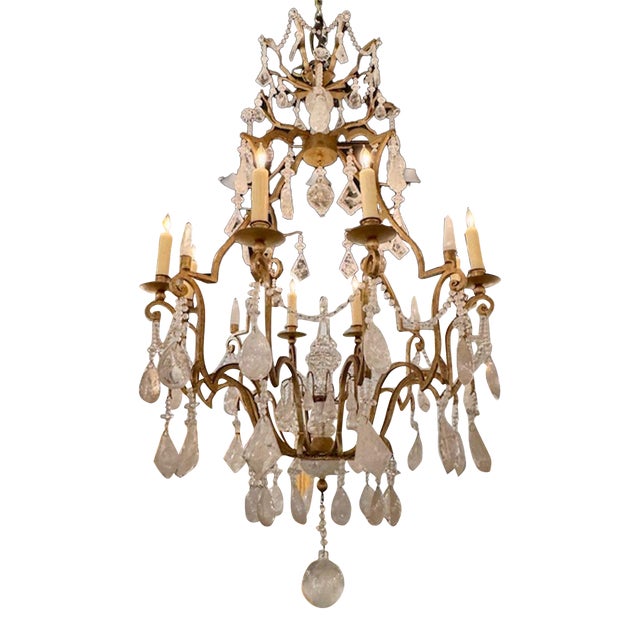 Antique French Gilt Iron and Rock Crystal Chandelier For Sale