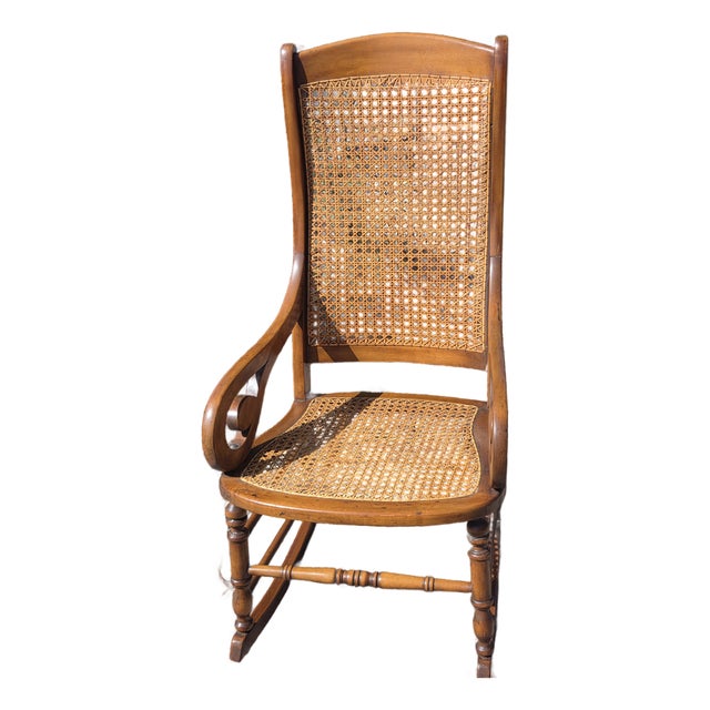 Antique 1870s Cherry Lincoln Rocking Chair Cane Seat & Back For Sale