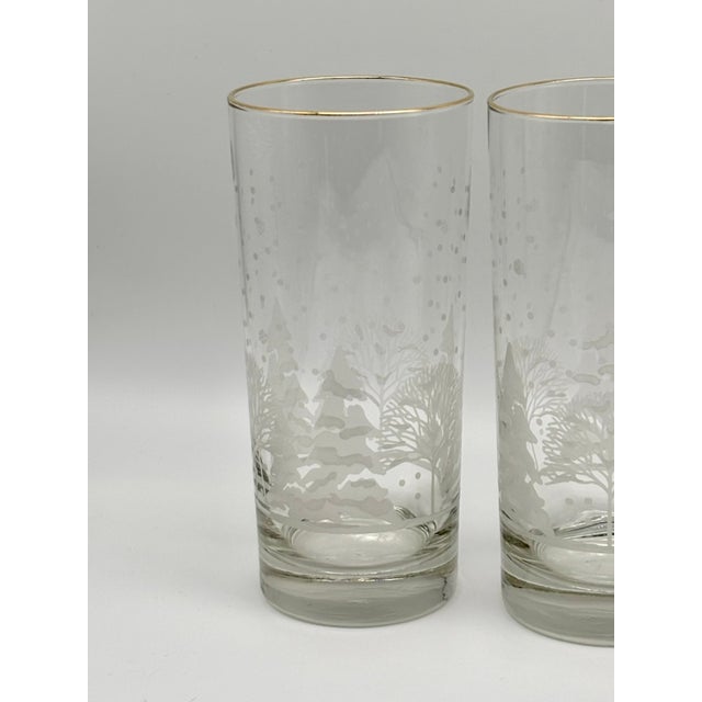 Glass Vintage Libbey "Pines" Etched & Gold Rimmed Winter Scene Highball Glasses Set of 4 For Sale - Image 7 of 17