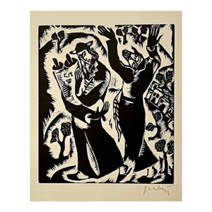 Reuven Rubin, Rare 1923 Cubist Reuven Rubin Woodcut Woodblock Print Israeli Hasidic Judaica