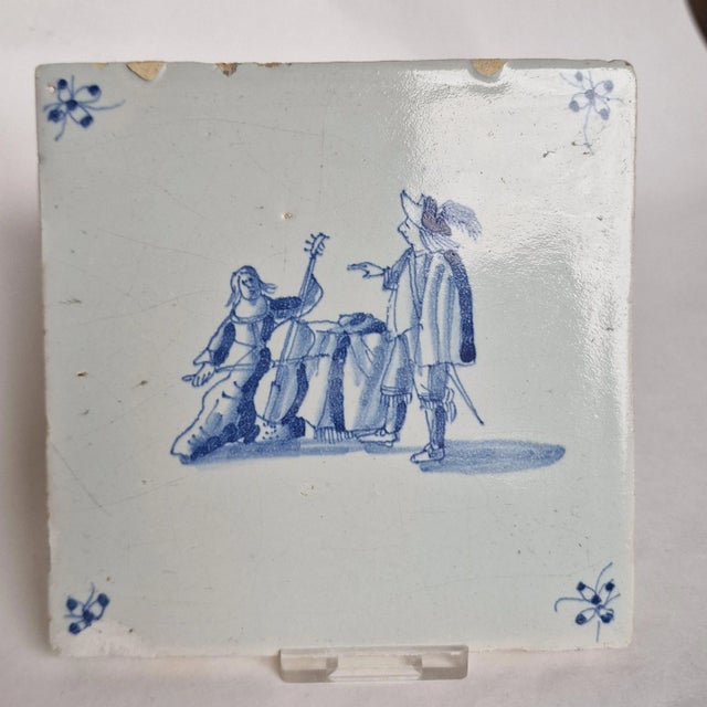 Dutch Delft Tile with Bass Player by Pytter Grauda, Harlingen, Friesland, 1630 For Sale - Image 4 of 8