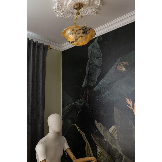 French Art Deco Yellow Alabaster Pendant with Dark Veining & Brass, 1920s For Sale - Image 9 of 18