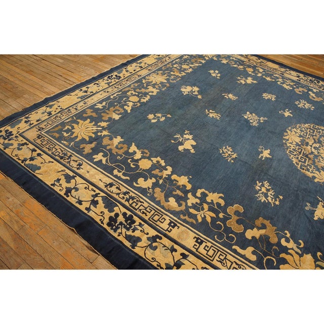 Classic 1920s Blue Greek Key Antique Wool Floral Chinese Room Size Peking Rug For Sale - Image 4 of 9