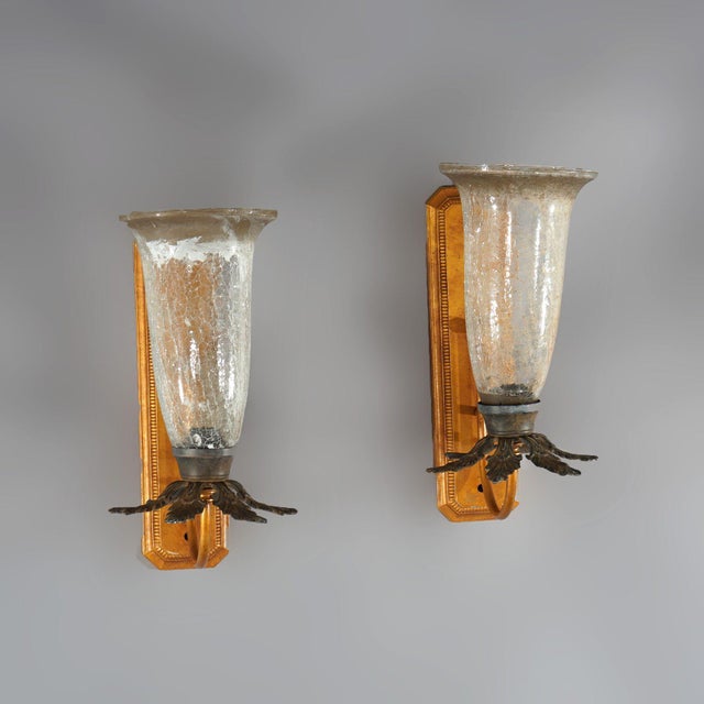 Mid 20th Century Pair Mid-Century Modern French Style Fleur-de-lis Crackled Glass Wall Sconces For Sale - Image 5 of 12