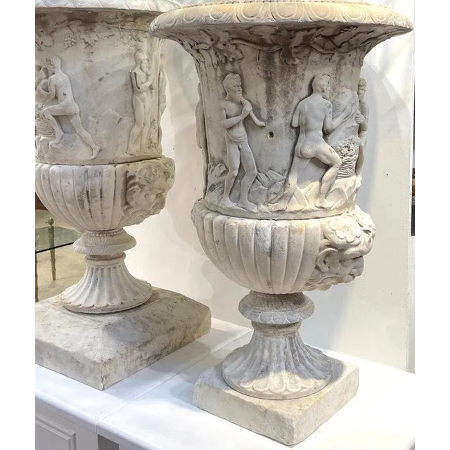 19th C or Older Antique Italian Carved Marble Bacchanalian Garden Urns - a Pair For Sale - Image 6 of 12