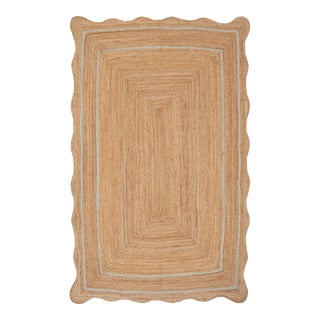 Light Blue Natural Jute Wave Scallop 5x7Ft. For Sale