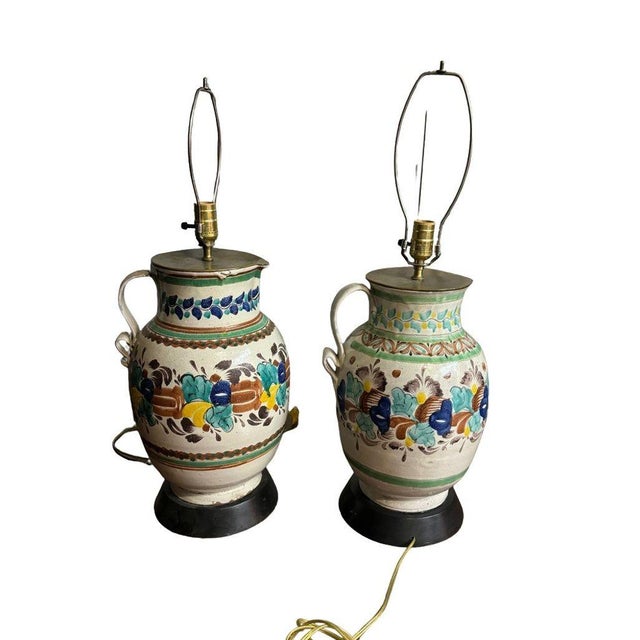 Ceramic Vintage 1960s Colorful Mexican Pitcher Table Lamps - Set of 2 For Sale - Image 7 of 13
