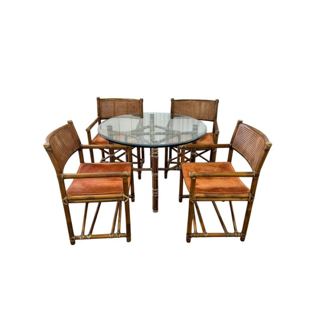 Mid-Century Modern 1970's McGuire Leather Wrapped Bamboo, Cane & Dining - Set of 5 For Sale - Image 3 of 18