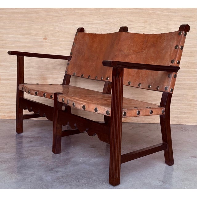 Baroque Walnut Leather Brown Spanish Sofa, Bench 18th Century Baroque Cordoba Ironwork For Sale - Image 3 of 18