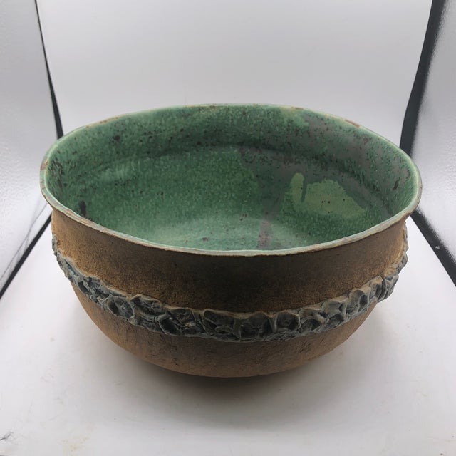 Banded Pottery Bowl With Green Interior For Sale - Image 12 of 12