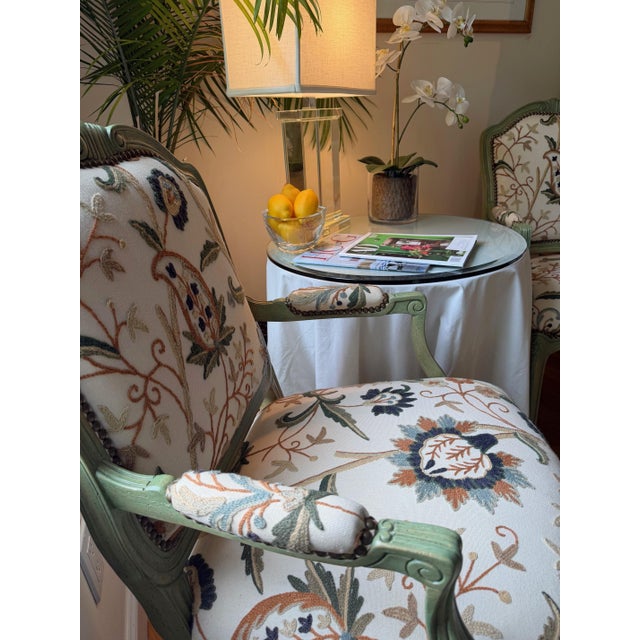 Pair of Custom Botanical Crewelwork Chairs in Green For Sale - Image 10 of 18