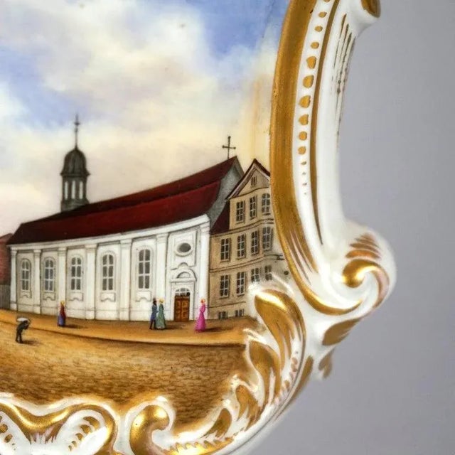 White Pair Antique German Porcelain Hand Painted & Gilt Scenic Vases 19th Century For Sale - Image 8 of 12