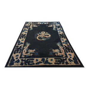 1890s Navy Blue Dragon Medallion Antique Chinese Ningxia Carpet 6' X 8' 8'' Wool Knotted Rug