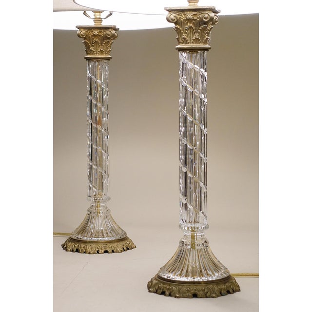 Metal Large Matched Pair Waterford Crystal French Empire Corinthian Column Brass Table Lamps 1960's For Sale - Image 7 of 13