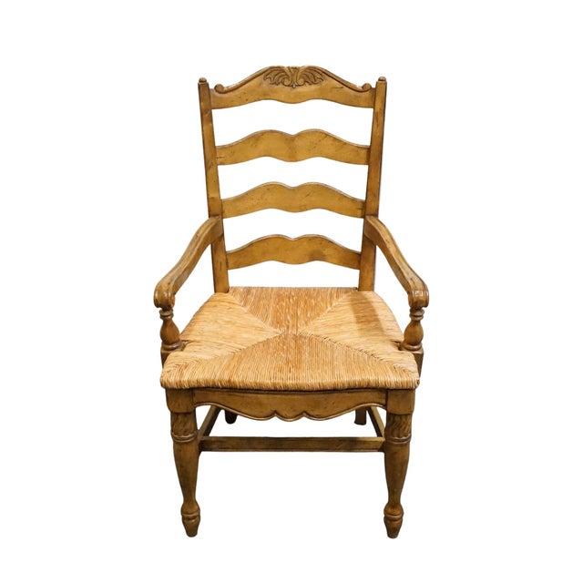 French Country High End Vintage Solid Rubberwood Country French Ladderback Dining Arm Chair W. Rush Seat For Sale - Image 3 of 10