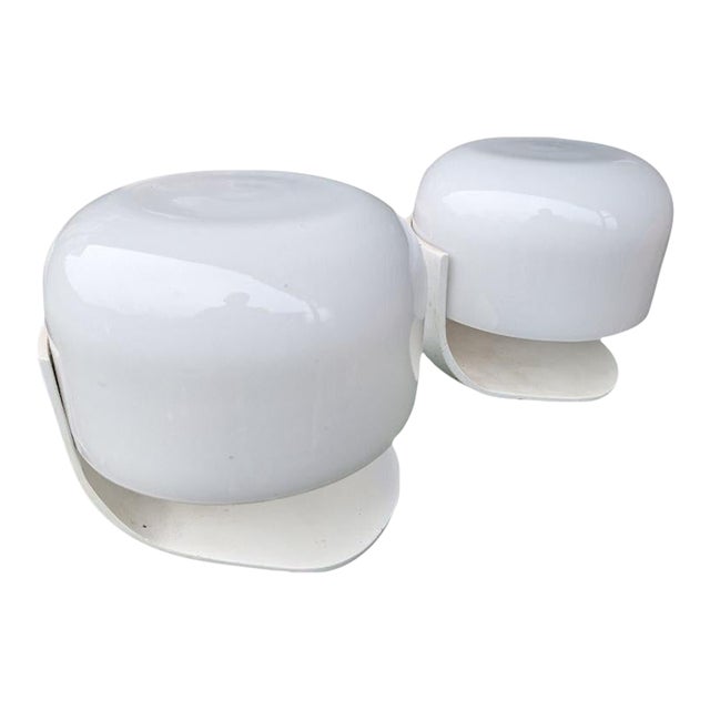 Pair of Italian Mid-Century “Mushroom” Table Lamps by Lumi Milano – Opaline Glass & Metal, C. 1950s. For Sale