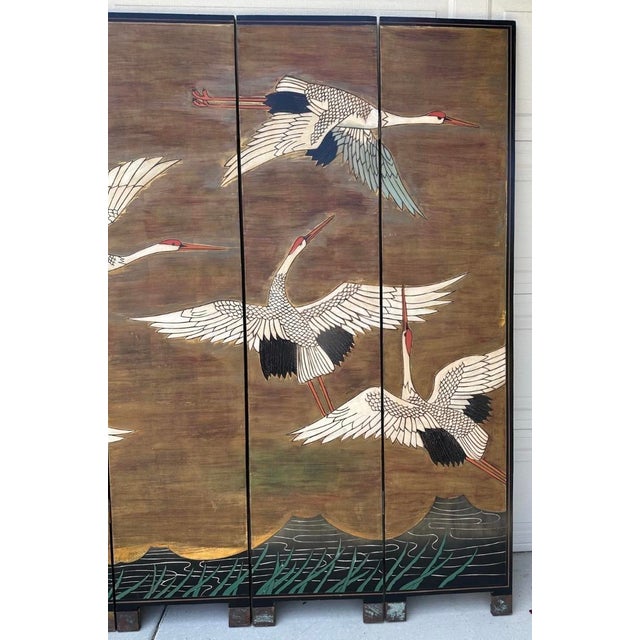 Decorative Japanese Six-Panel Double-Sided Lacquer Folding Screen With Hand-Painted Cranes For Sale In San Diego - Image 6 of 18