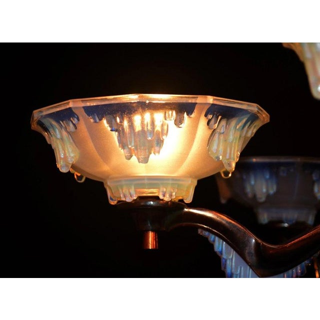 French Art Deco Ezan Six-Light Opalescent Glass Stalactite Chandelier, 1930 For Sale - Image 11 of 18