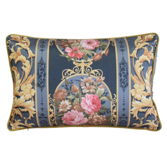 Custom-tailored pillow in Brunschwig & Fils cotton fabric with a beautiful, colorful rose floral theme. Gold-colored...