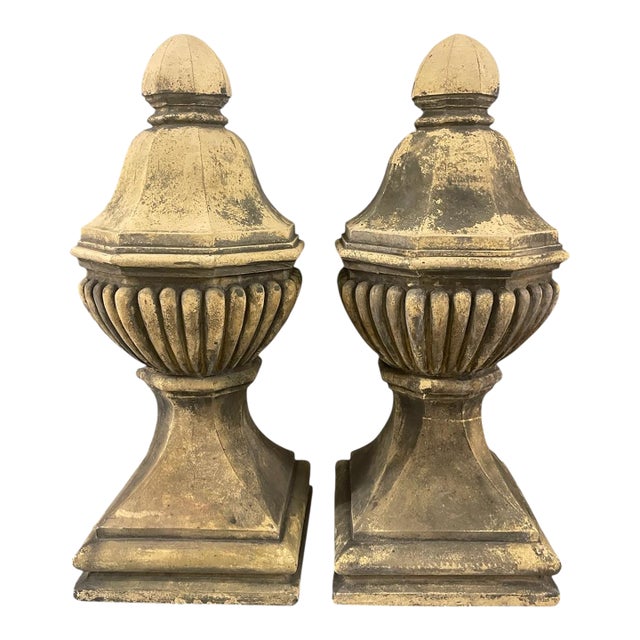 Pair of Large Neoclassical Weathered Stone Finials For Sale