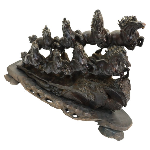Feng Shui 8 Running Horses Carved Black Jasper Grouping & Wood Base C1920 For Sale - Image 4 of 7