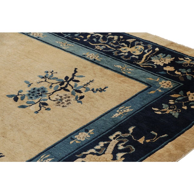 Antique Chinese Peking Rug in Beige and Blue With Floral Patterns - Rug & Kilim For Sale In New York - Image 6 of 8
