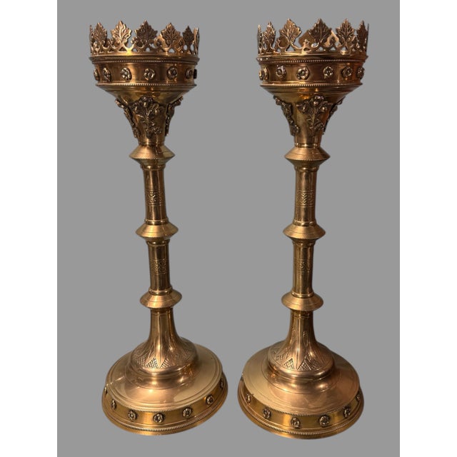 Mid 20th Century Pair of 19" Antique Gothic Church Altar Brass Gilt Finish Pricket Candlesticks For Sale - Image 5 of 5