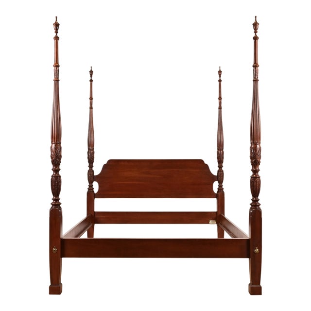 Ethan Allen Georgian Carved Solid Cherry Wood Queen Size Poster Bed For Sale