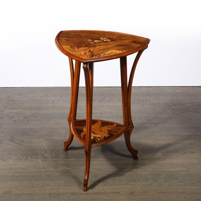 Emile Galle Art Nouveau Inlaid Naturalist Marquetry 2-Tier Side Table Signed Emile Galle For Sale - Image 4 of 18