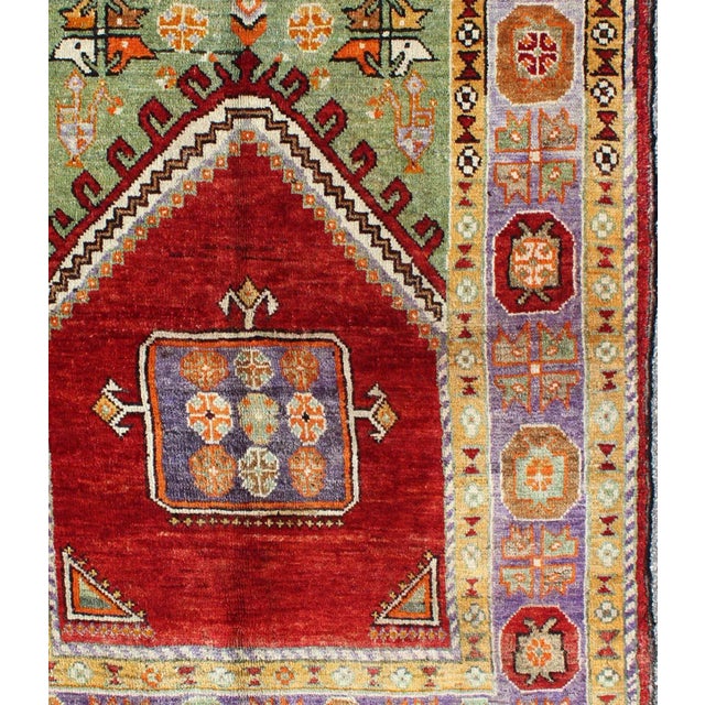Square Size 1930's antique Hand Knotted Prayer Design Turkish Carpet in Colorful Geometric Pattern. Measures: 3'6 x 4'8...
