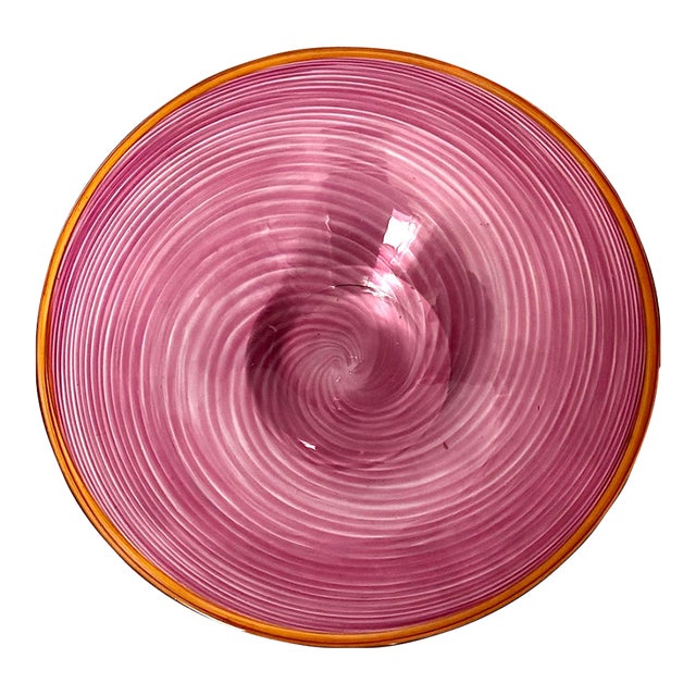 Late 20th Century Signed Weir Pink Spiral Studio Art Glass Footed Bowl For Sale