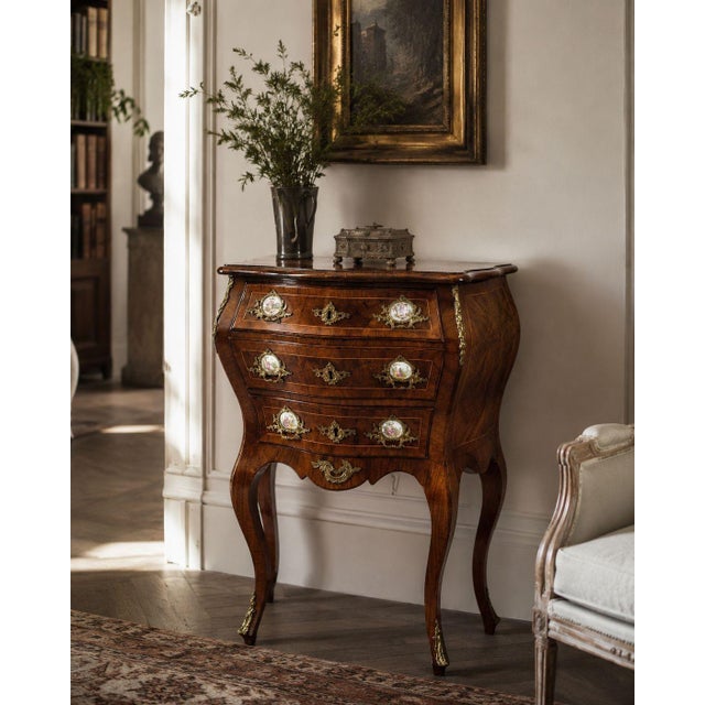 Louis XV Style, Small Bombay Chest, Walnut, Porcelain, Bronze, Austria, 19th c. An interesting 19th-century Austrian...