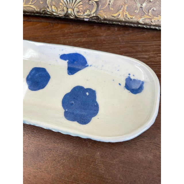Ceramic Handmade Studio Pottery Tray With Blue Abstract Glaze and Textured Underside For Sale - Image 7 of 9