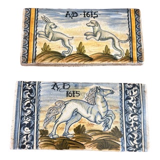 Hand Painted Signed Italian Neoclassical Wall Tiles- A Pair For Sale