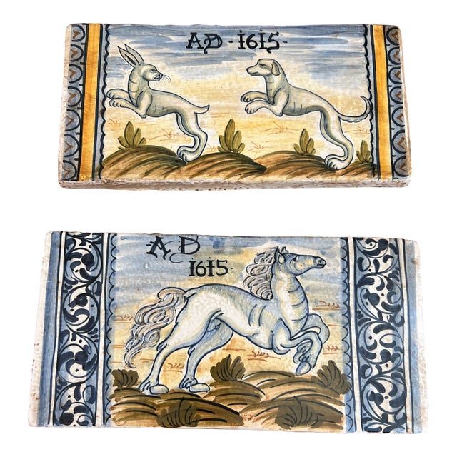 Hand Painted Signed Italian Neoclassical Wall Tiles- A Pair For Sale