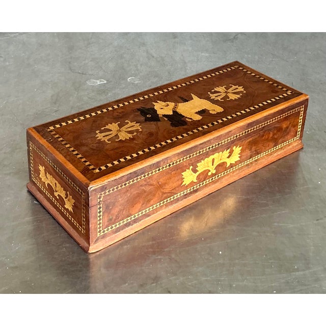 Add a charming dose of character to your décor with this vintage inlaid wood box, featuring an adorable pair of Scottie...